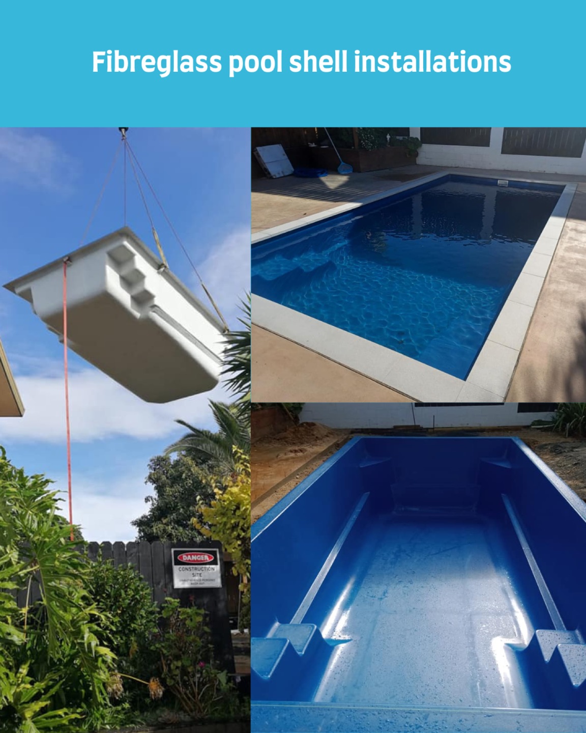 Fibreglass pool shell installations: a shell being craned into place, a finished pool and an empty installed shell.