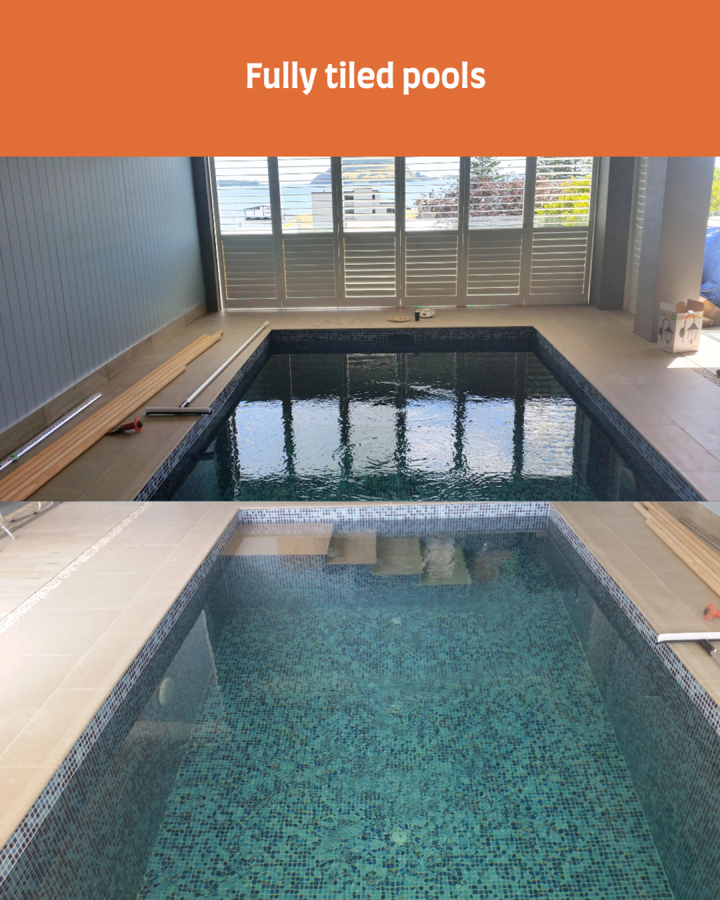 Fully tiled pools: two views of a tiled indoor pool.