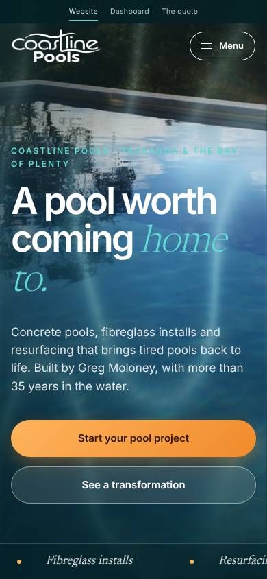 The Coastline Pools website on a phone